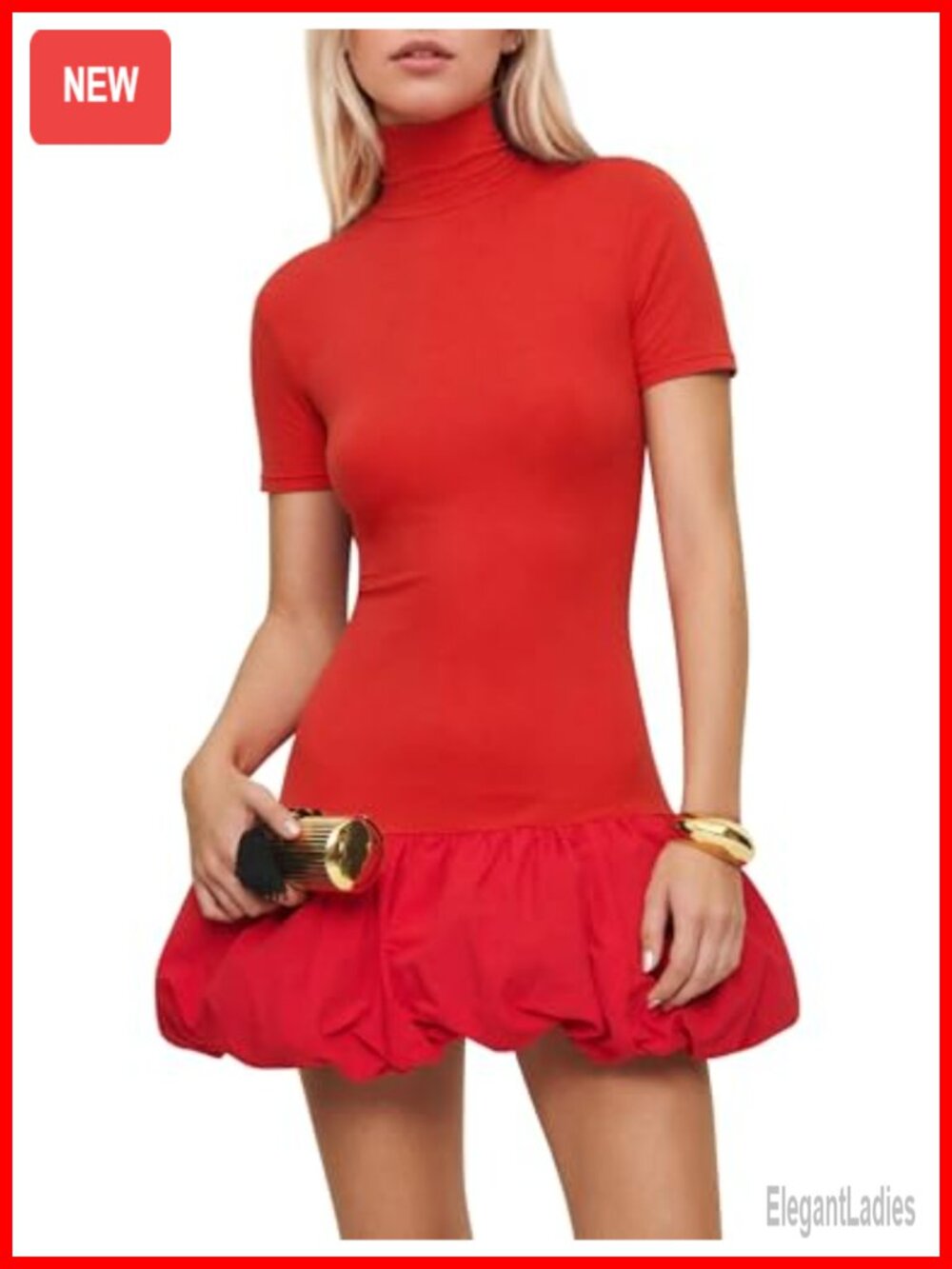 Women Sexy Bodycon Mini Dress Turtleneck Short Sleeve Bubble Hem Party